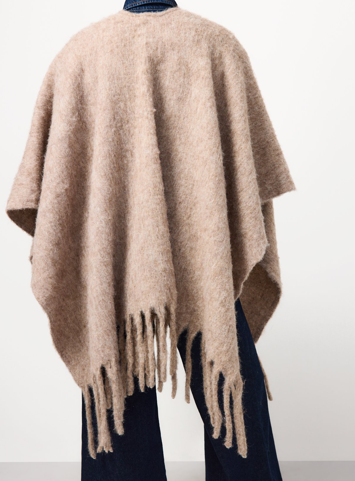 Oatmeal Brushed Knit Fringe Hem Cape One Size - Image 4 thumbnail