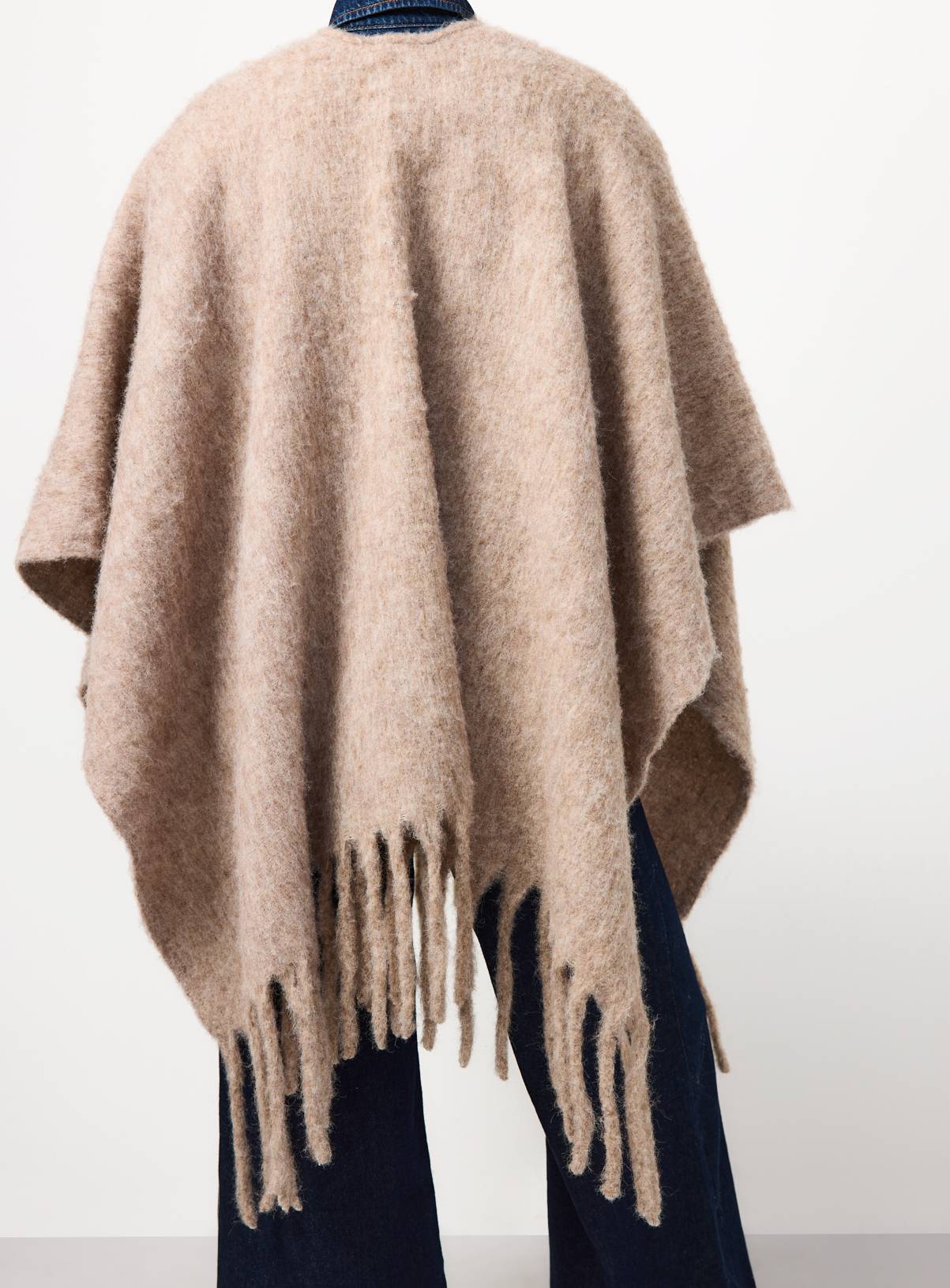 Oatmeal Brushed Knit Fringe Hem Cape One Size - Image 4