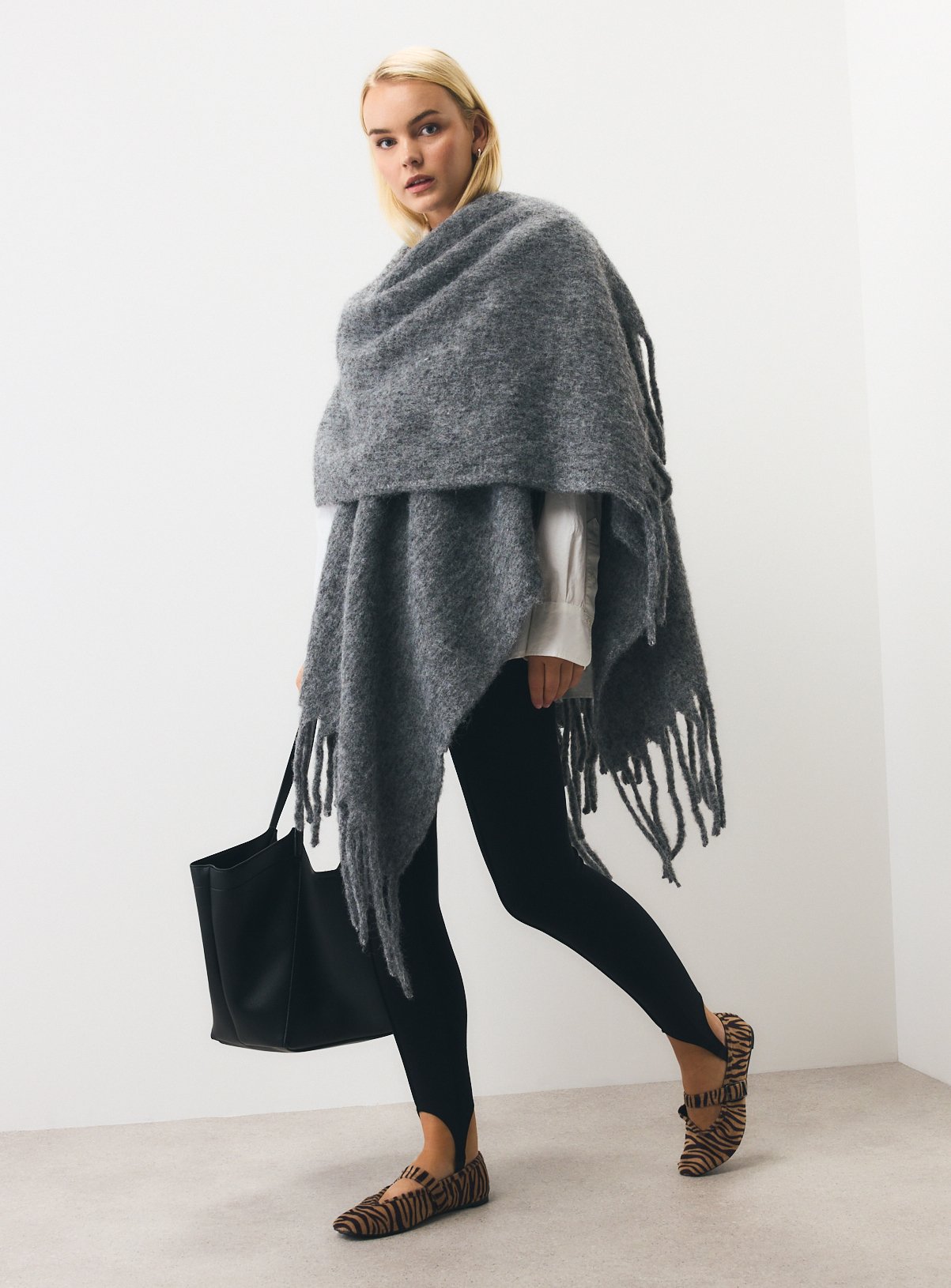 Oatmeal Brushed Knit Fringe Hem Cape One Size - Image 1 thumbnail