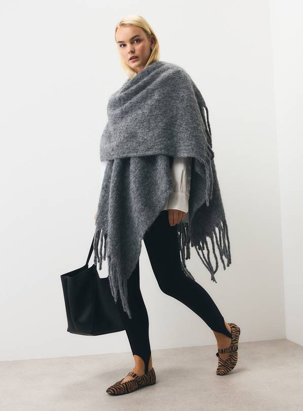 Oatmeal Brushed Knit Fringe Hem Cape One Size
