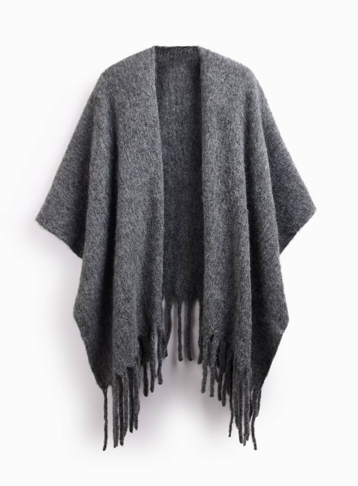 Oatmeal Brushed Knit Fringe Hem Cape One Size - Image 2