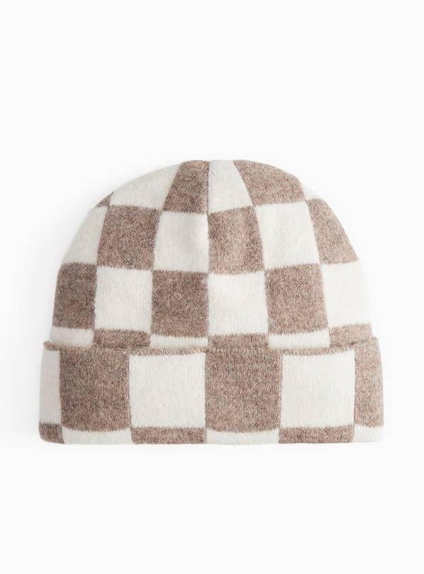 Cream Checkerboard Beanie Hat 10-13 years