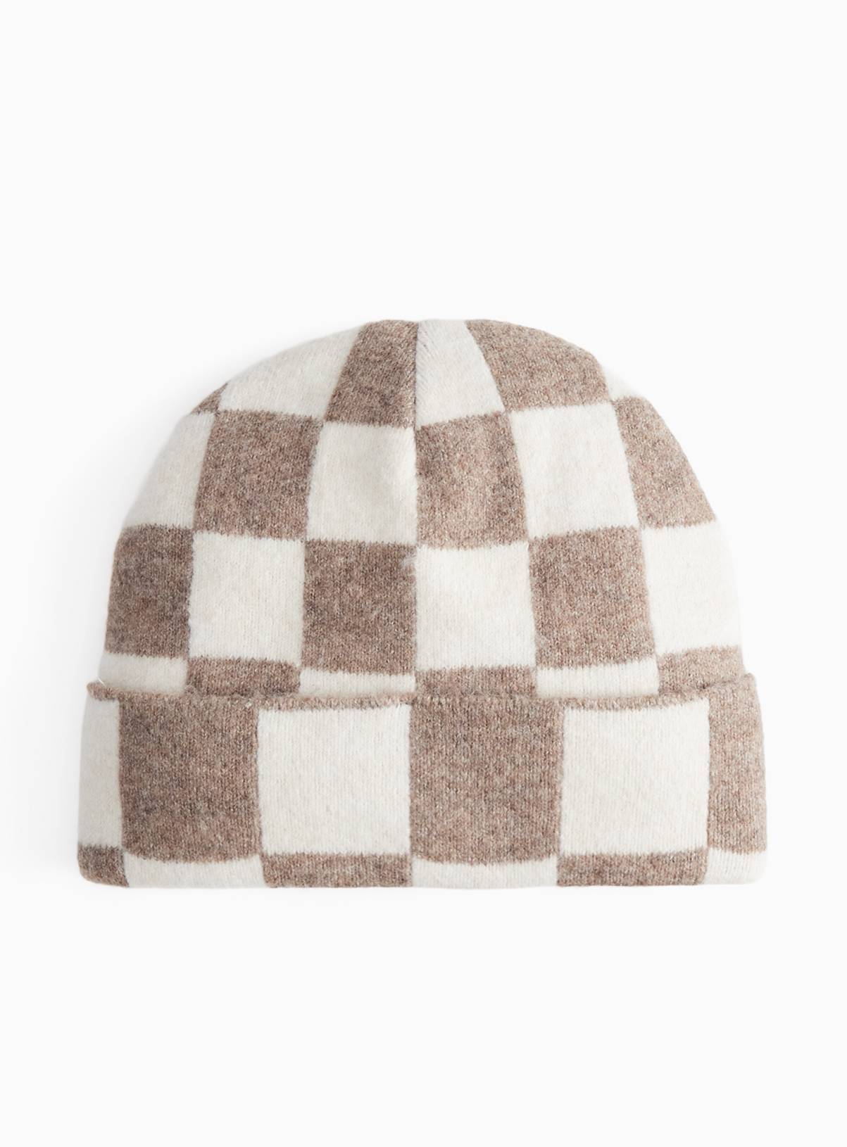 Cream Checkerboard Beanie Hat 6-9 years - Image 1