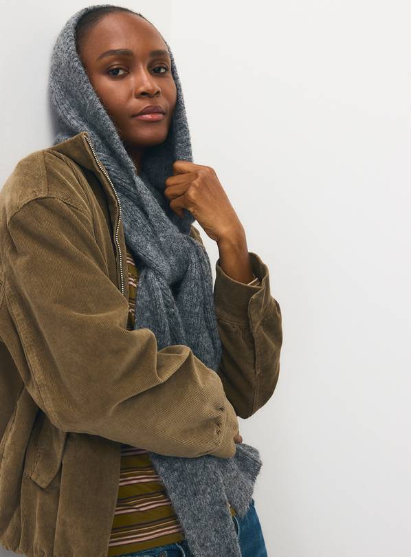 Grey Knitted Hooded Scarf One Size