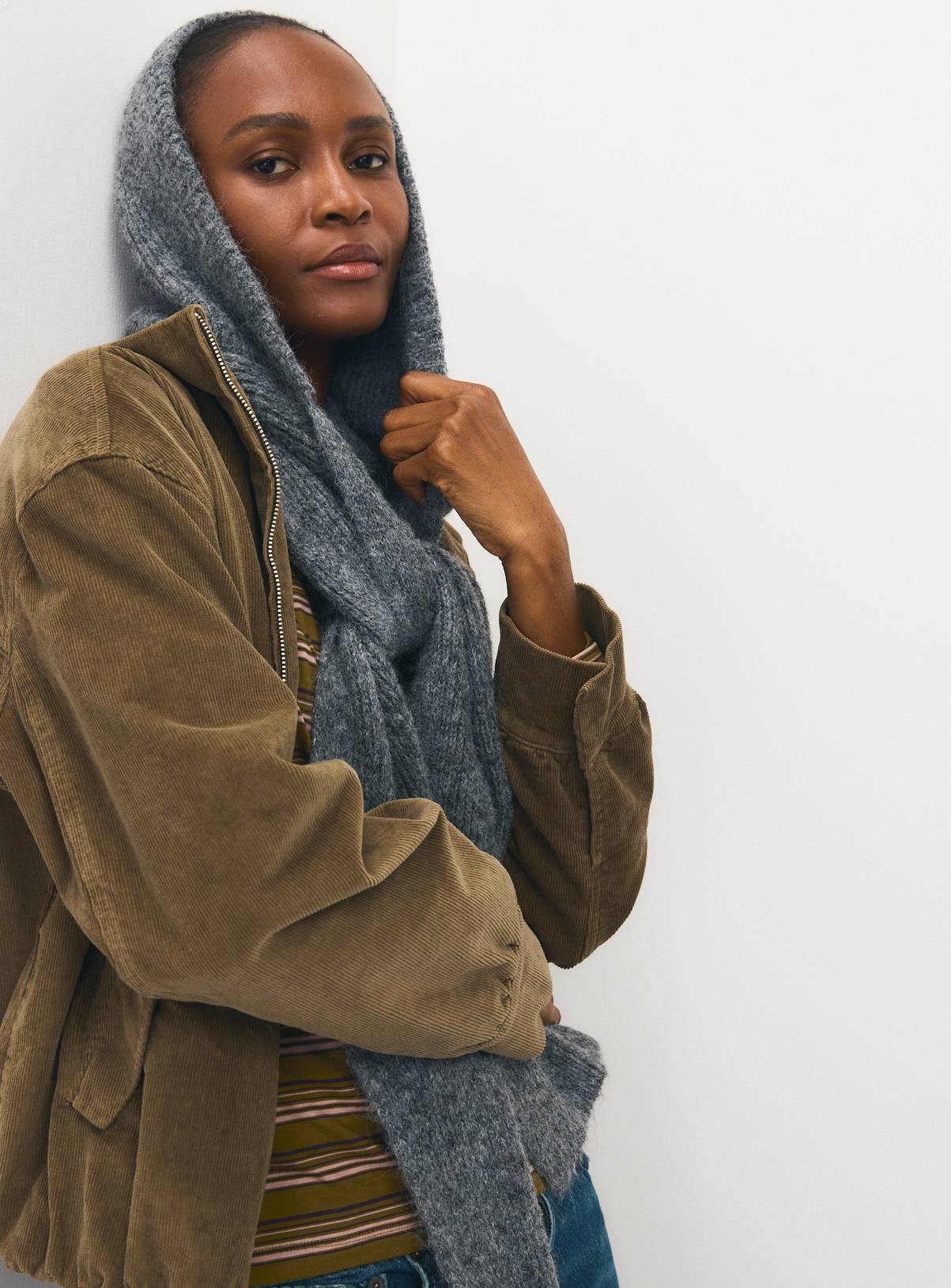 Grey Knitted Hooded Scarf One Size - Image 1