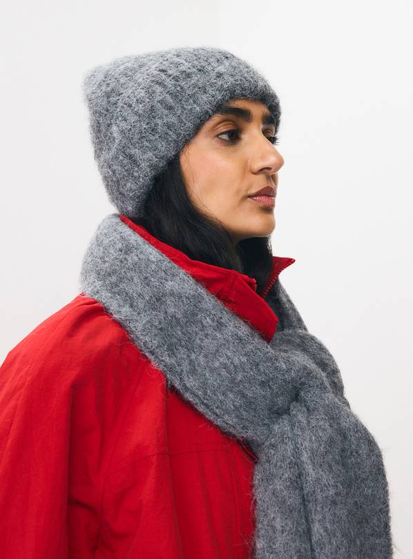 Grey Fuzzy Beanie Hat One Size