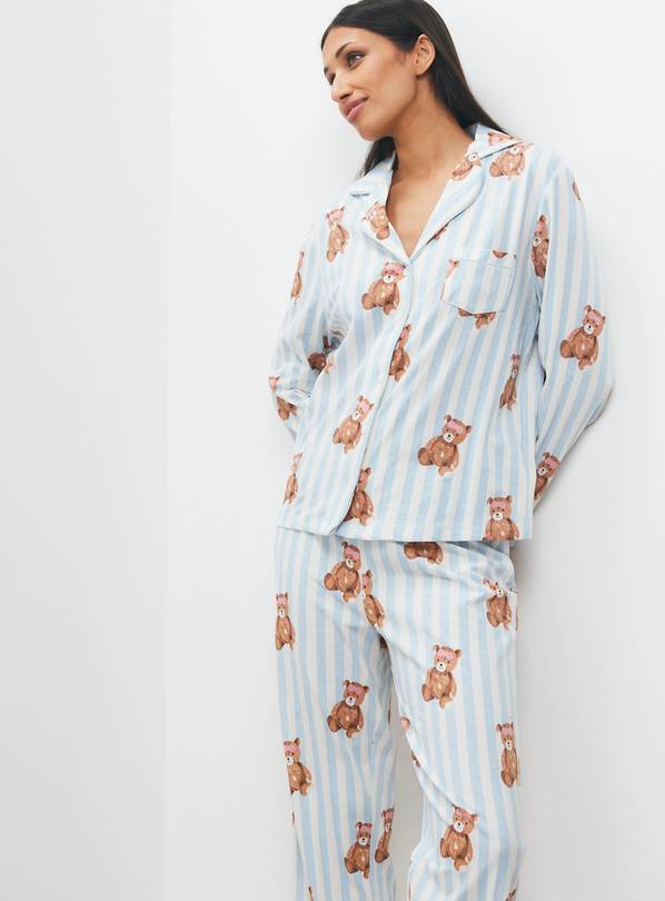 Christmas Blue and White Stripe Teddy Bear Print Traditional Pyjamas S