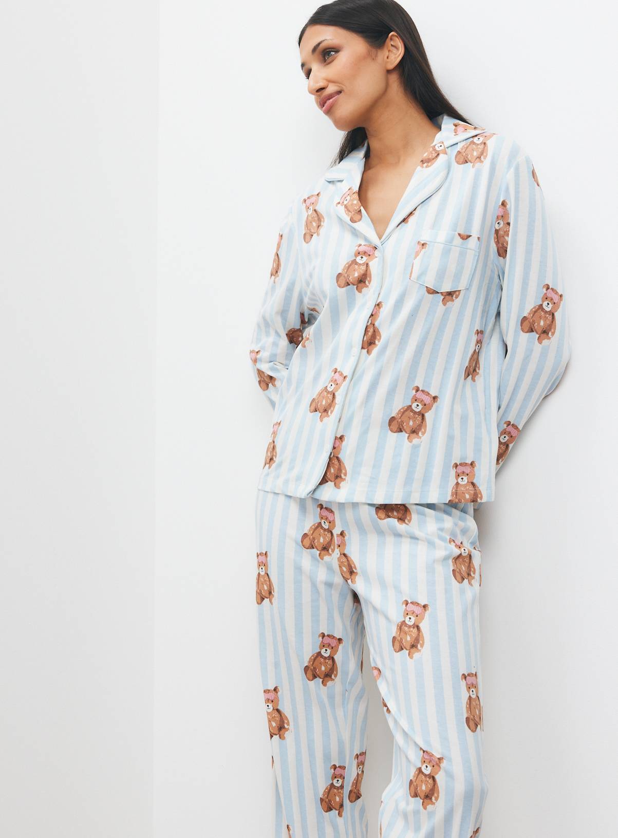 Christmas Blue and White Stripe Teddy Bear Print Traditional Pyjamas XS - Image 1