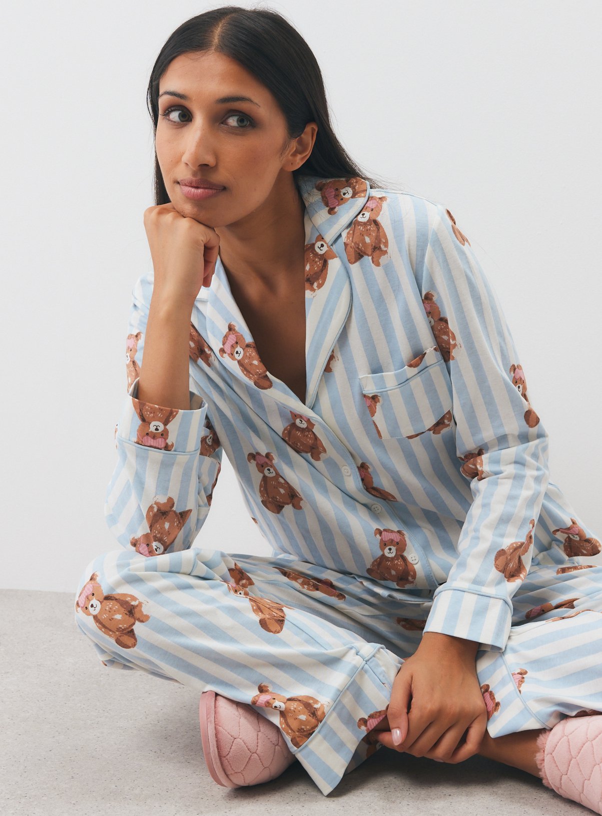 Christmas Blue and White Stripe Teddy Bear Print Traditional Pyjamas XS - Image 3 thumbnail