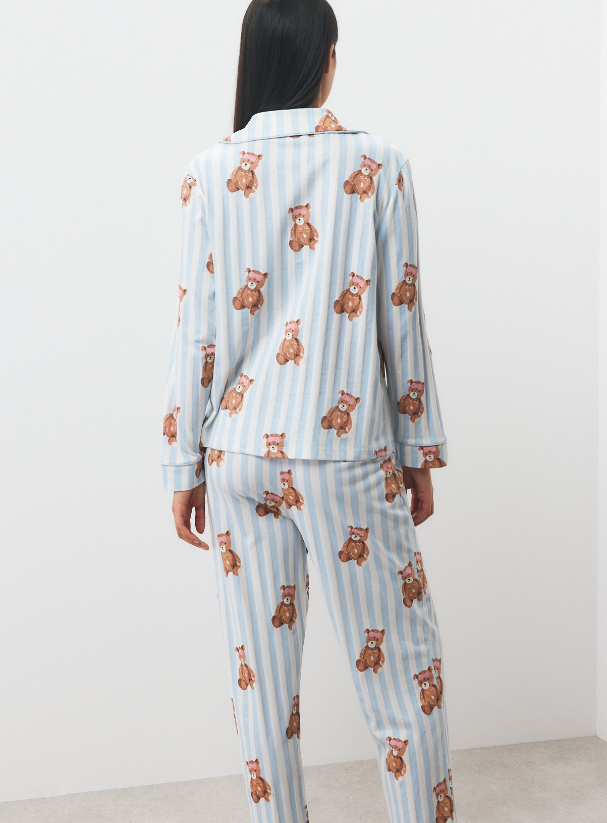 Christmas Blue and White Stripe Teddy Bear Print Traditional Pyjamas XS - Image 5 thumbnail