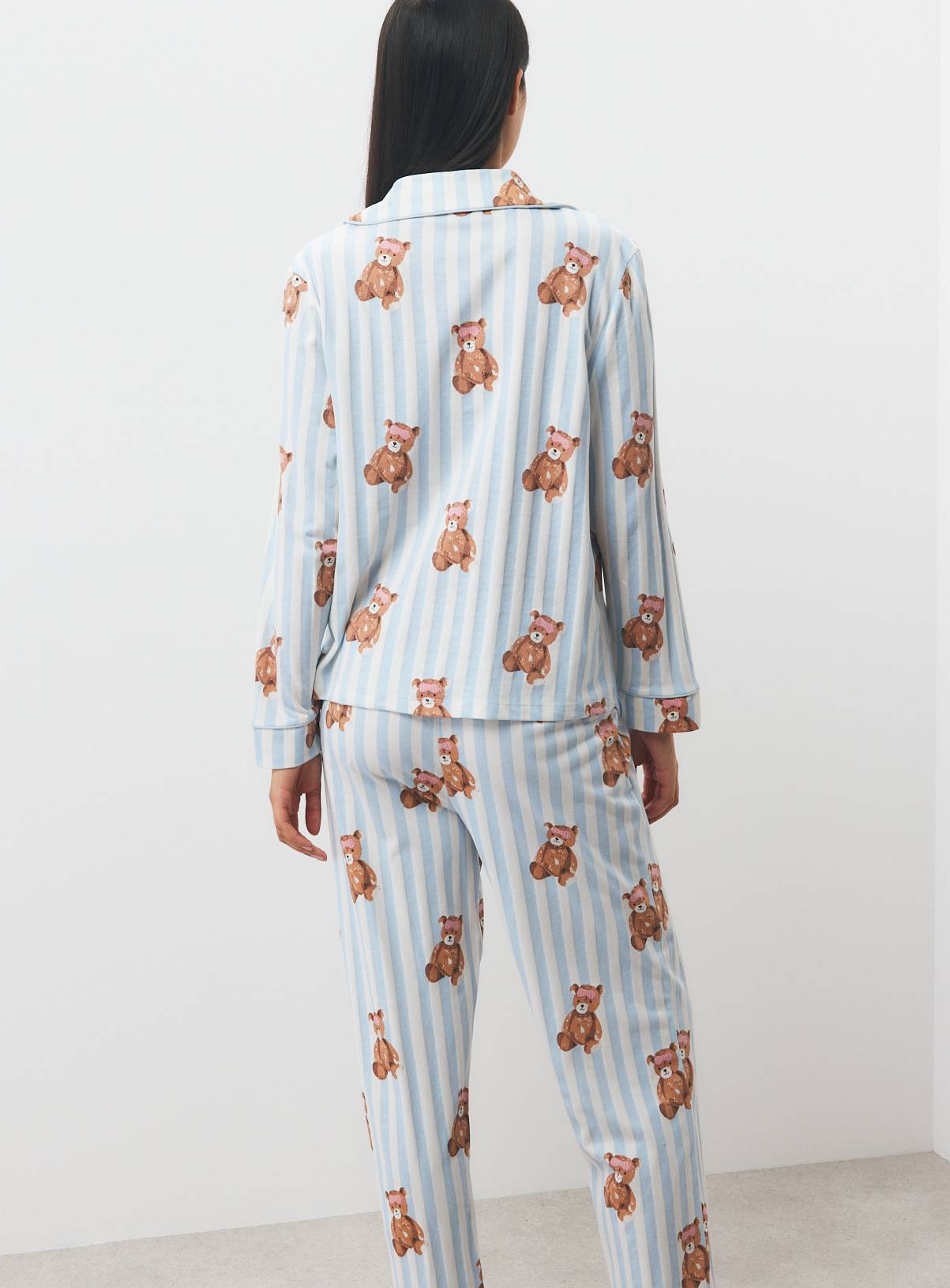 Christmas Blue and White Stripe Teddy Bear Print Traditional Pyjamas XS - Image 5