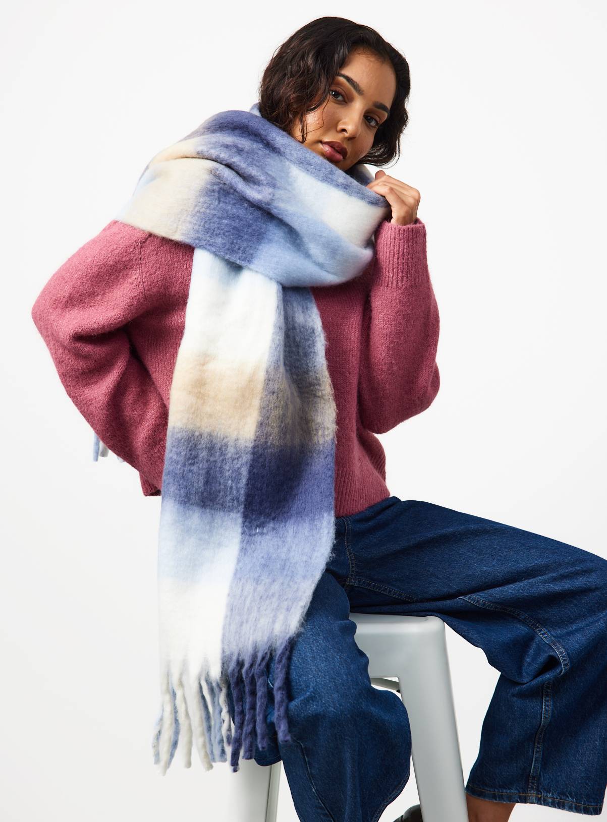 Blue Checked Heavyweight Fringe Scarf One Size - Image 1