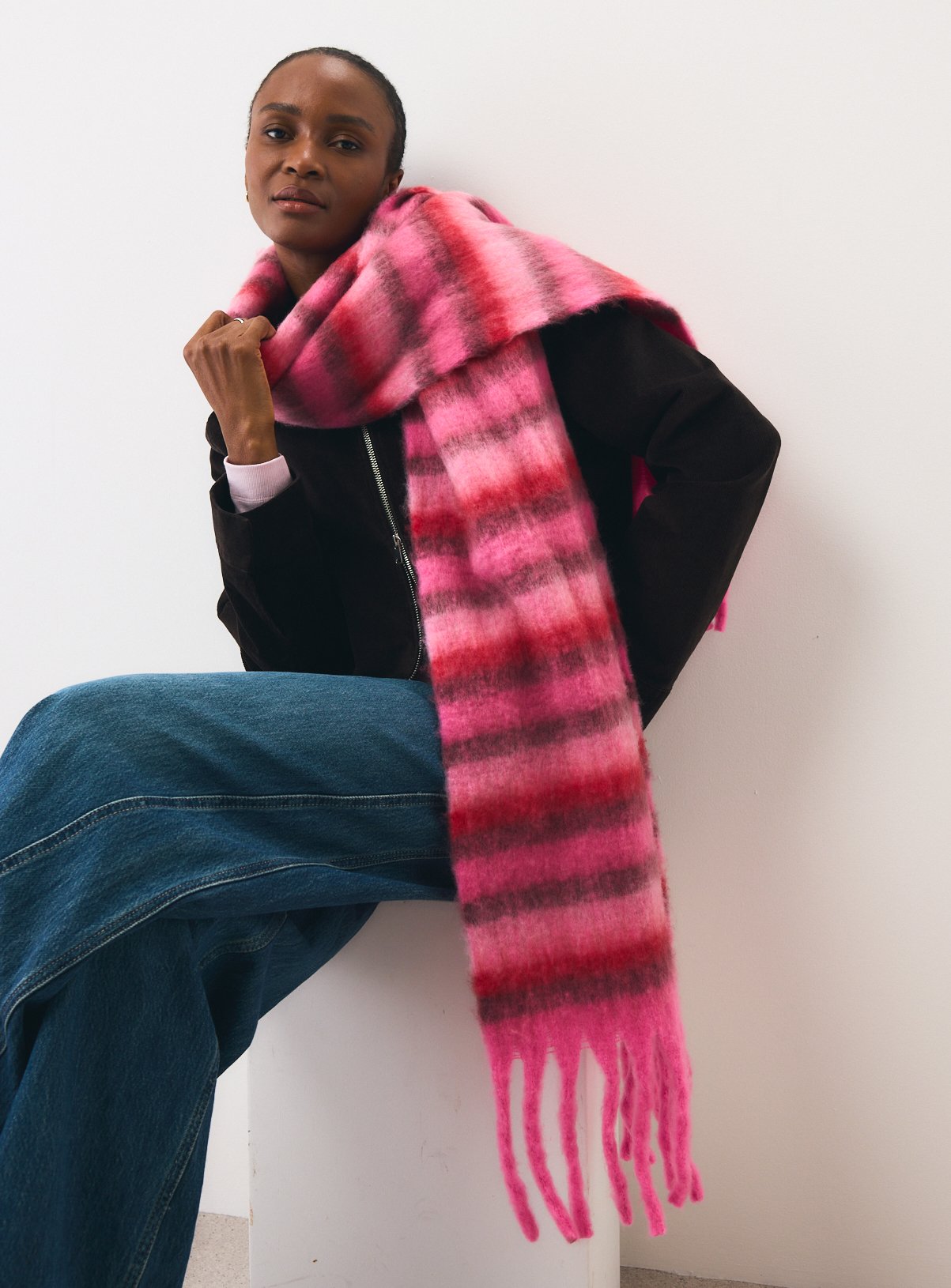 Pink Checked Heavyweight Fringe Scarf One Size - Image 1 thumbnail