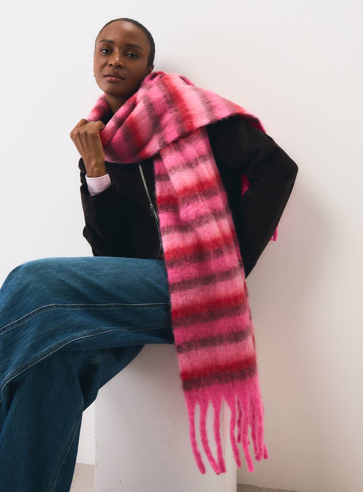 Pink Checked Heavyweight Fringe Scarf One Size - Image 1