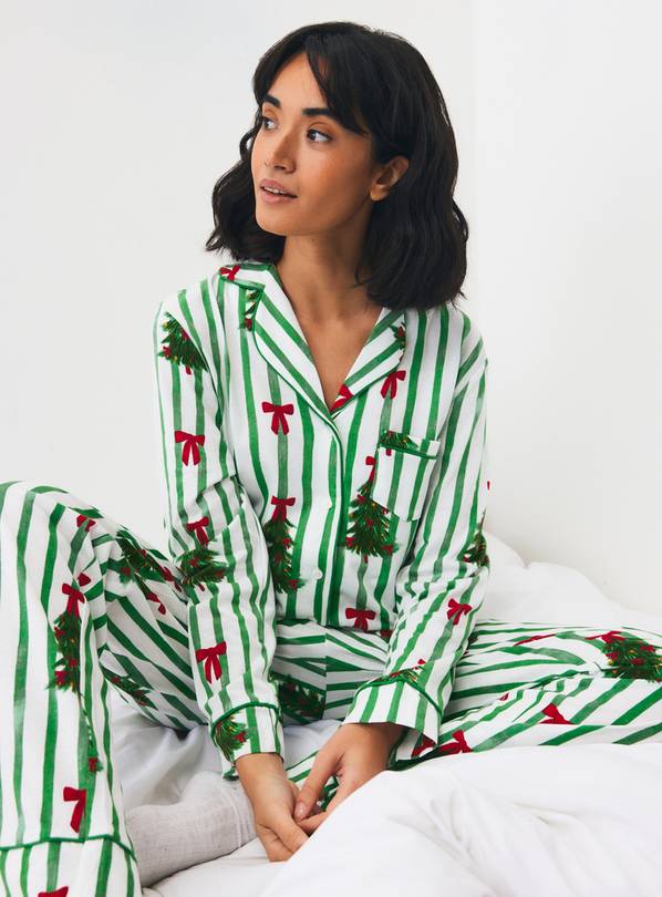 Green Stripe Christmas Tree Traditional Pyjamas L