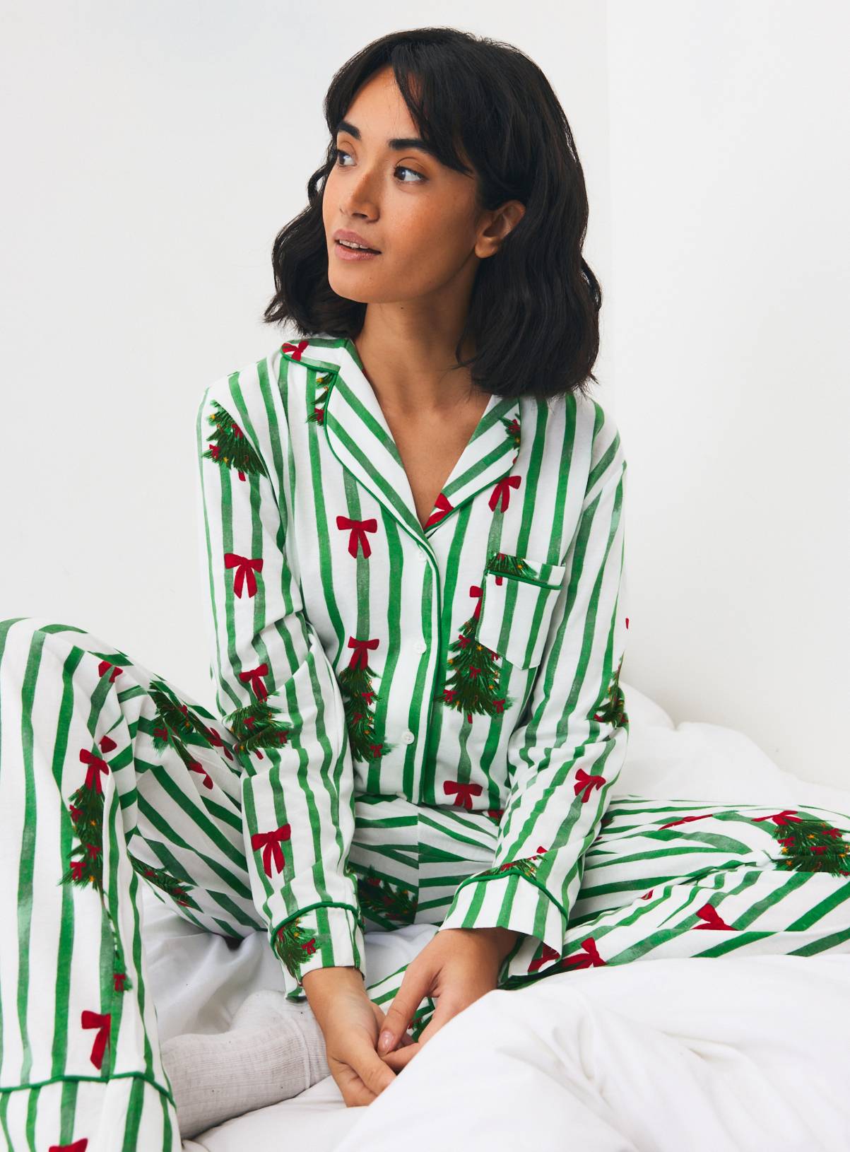 Green Stripe Christmas Tree Pyjama Set M - Image 1