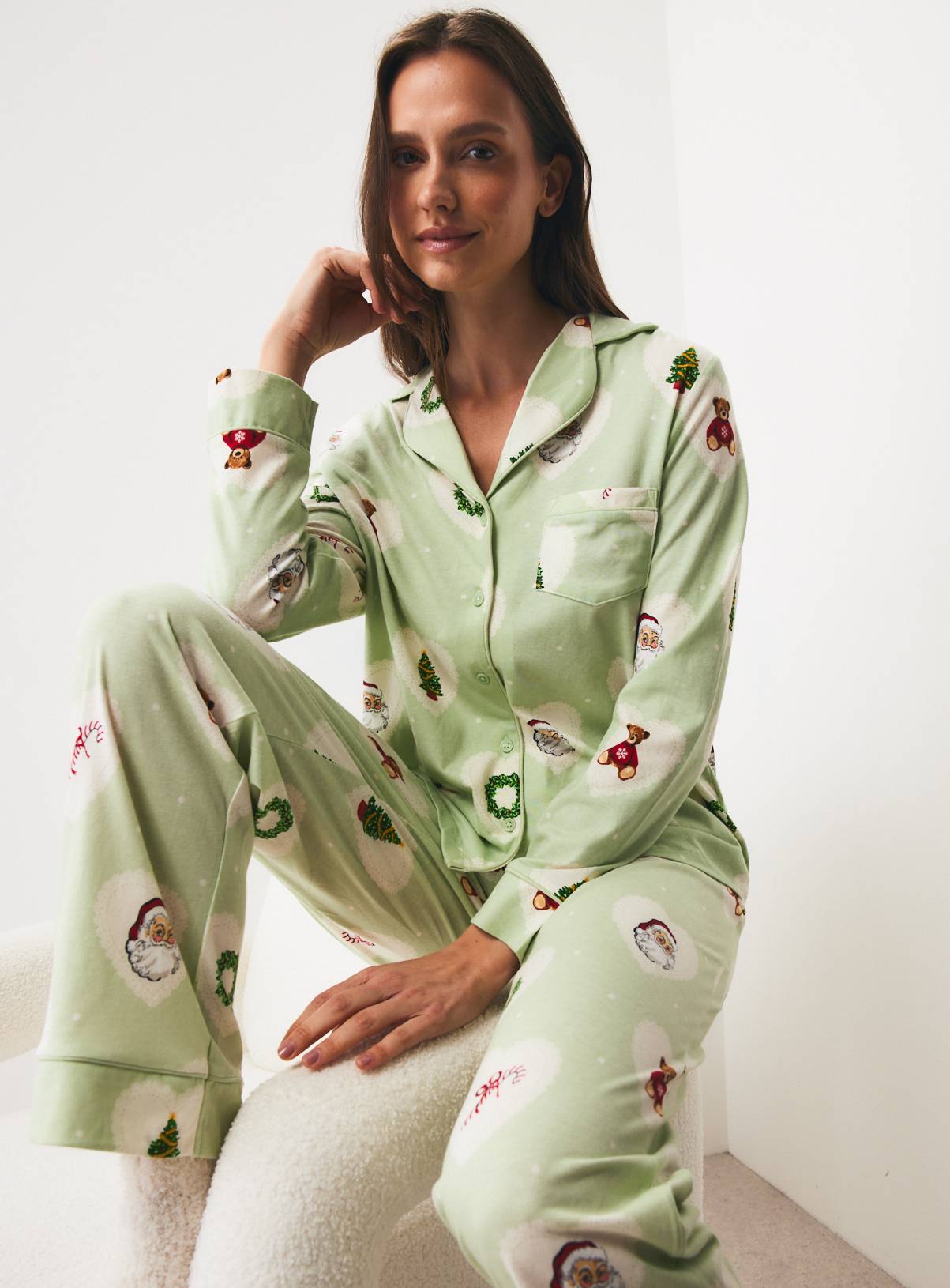 Sage Green Doily Icon Print Pyjama Set XS - Image 1