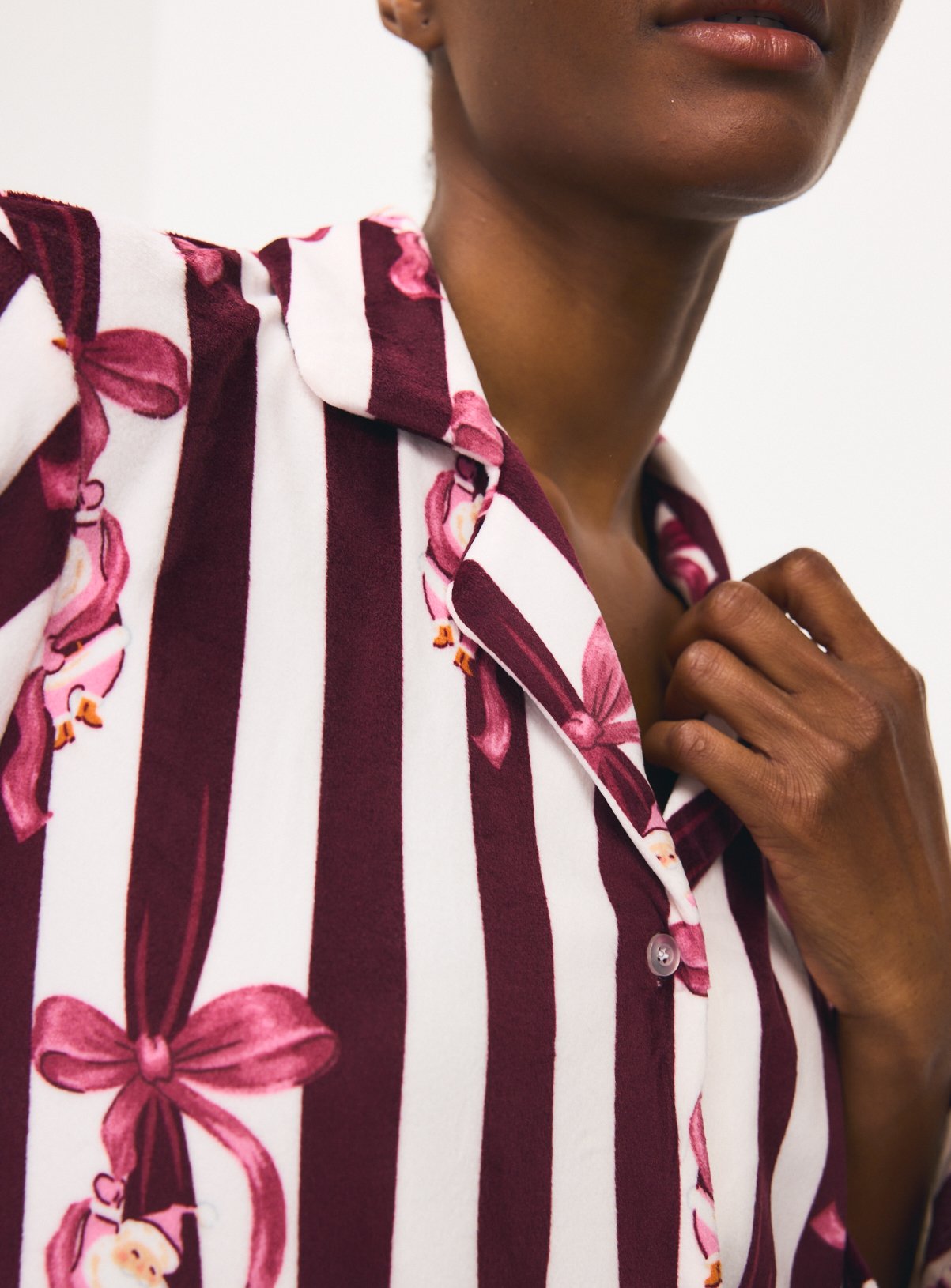 Christmas Burgundy Stripe Santa Bow Traditional Slinky Pyjamas XXL - Image 4 thumbnail