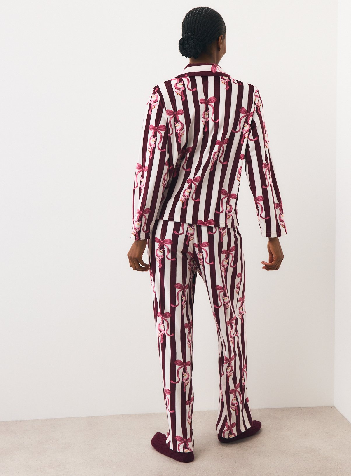 Christmas Burgundy Stripe Santa Bow Traditional Slinky Pyjamas XXL - Image 5 thumbnail