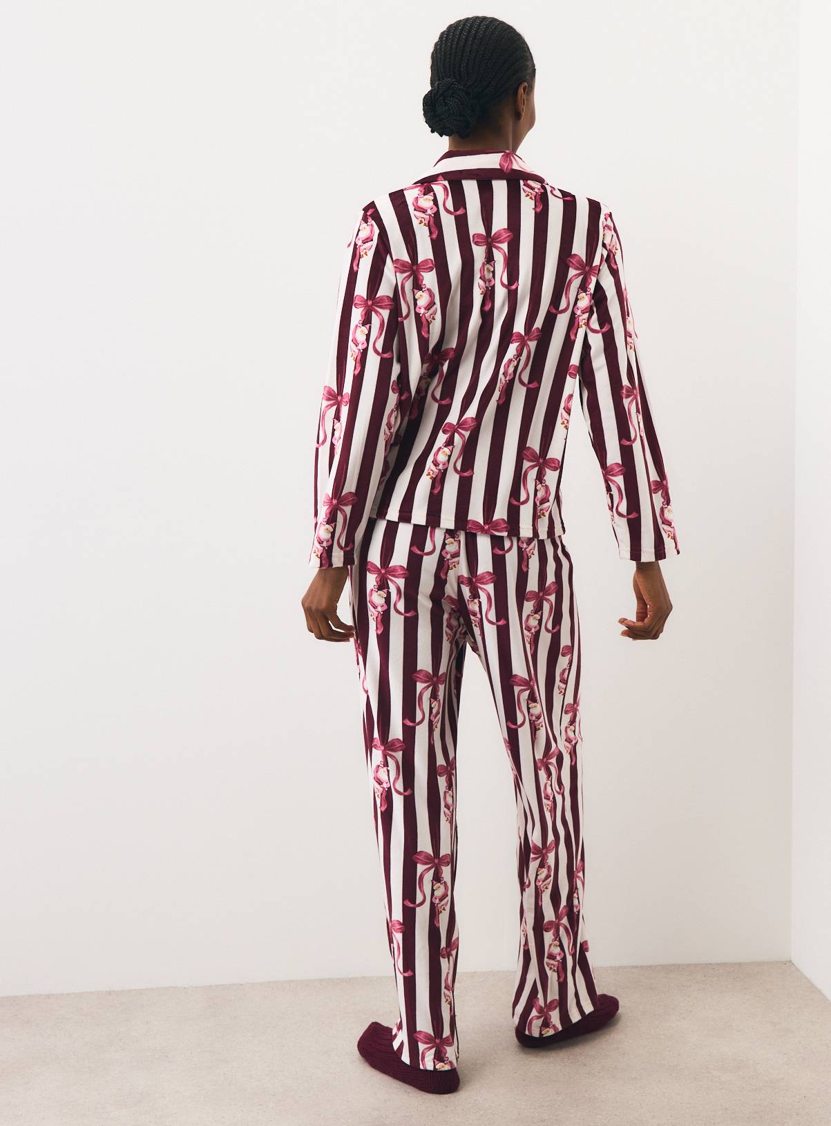 Christmas Burgundy Stripe Santa Bow Traditional Slinky Pyjamas XXL - Image 5