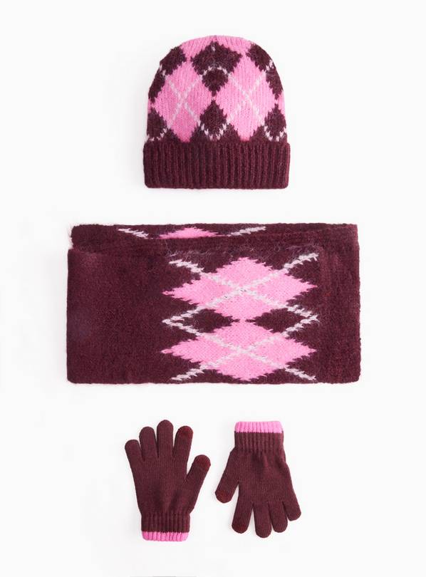 Pink & Burgundy Argyle Hat & Scarf Set 3-5 years