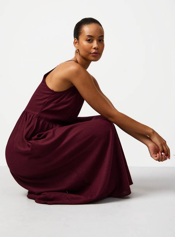 Red Linen Blend Linen Waisted Dress 6