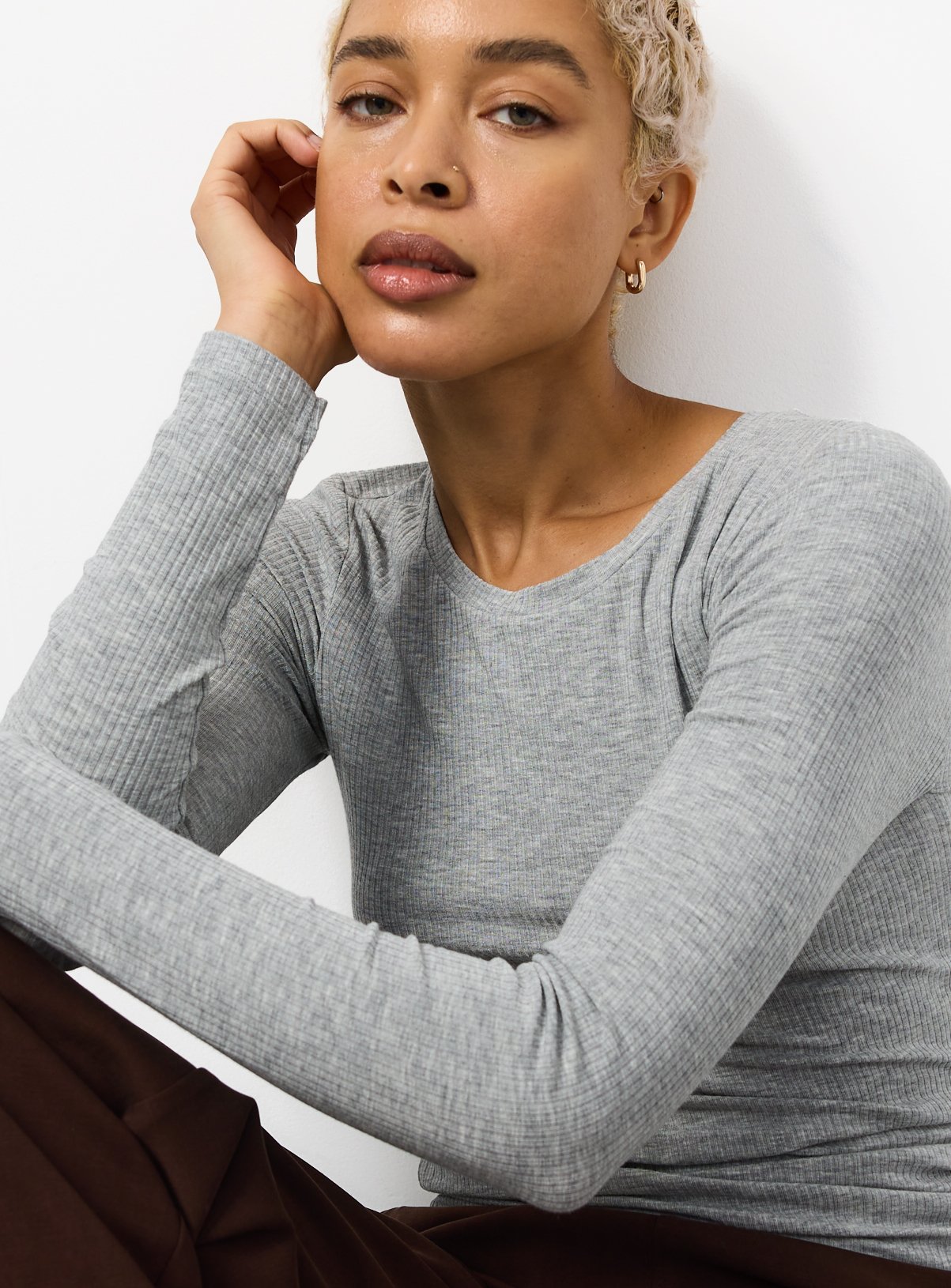 Grey Thermal Ribbed Long Sleeve Top M - Image 2 thumbnail