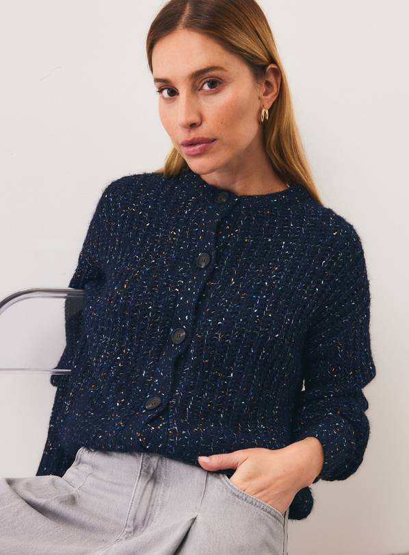 Navy Freckle Yarn Button-Through Boxy Cardigan M