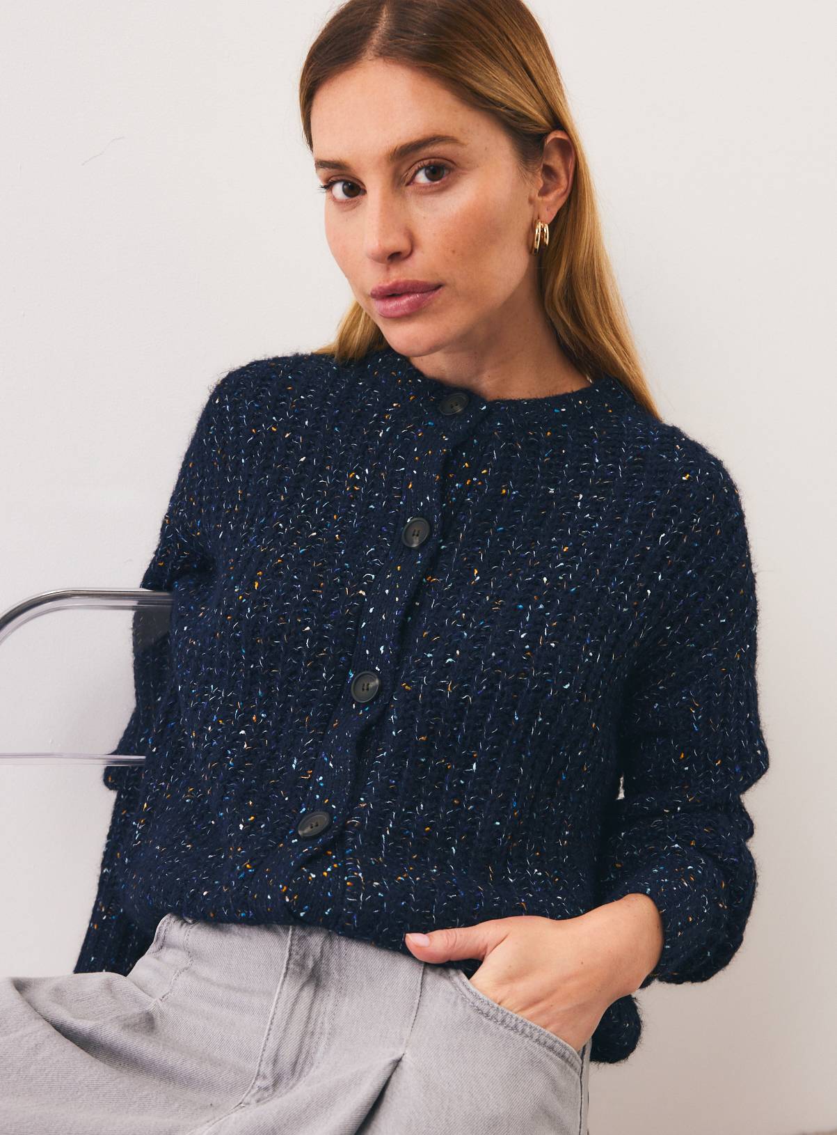 Navy Freckle Yarn Button-Through Boxy Cardigan M - Image 1