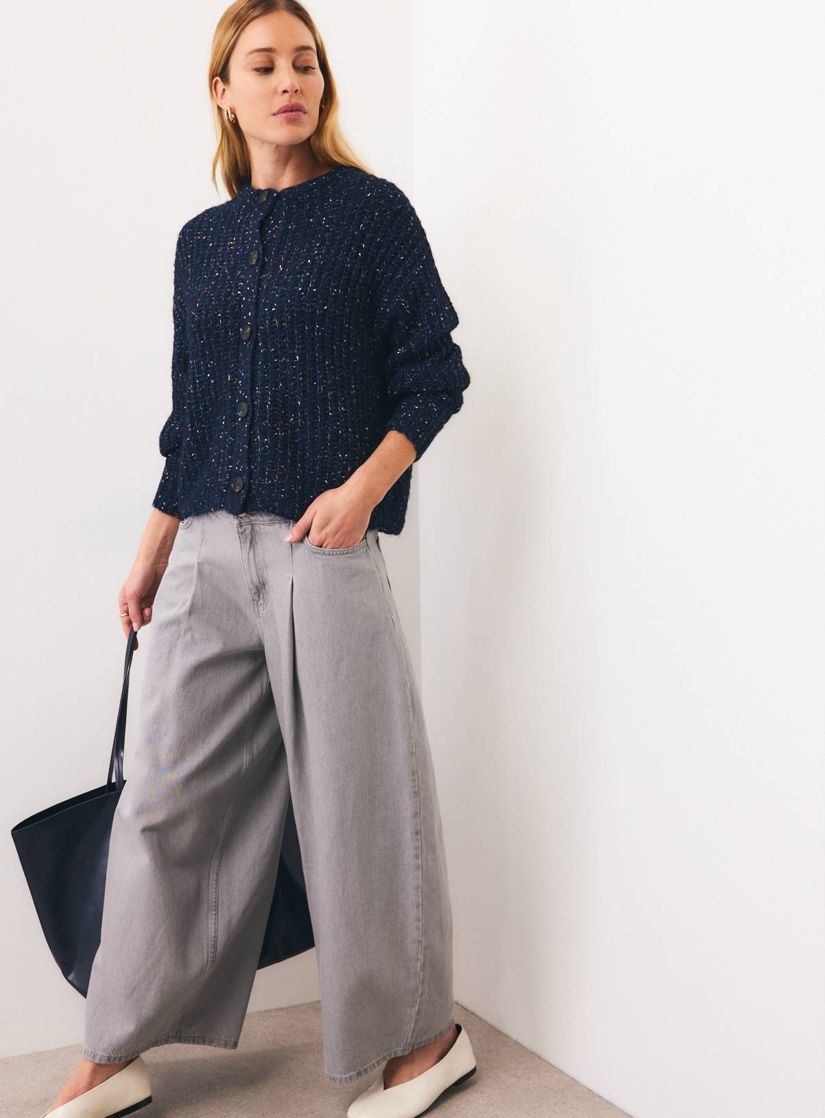 Navy Freckle Yarn Button-Through Boxy Cardigan M - Image 2
