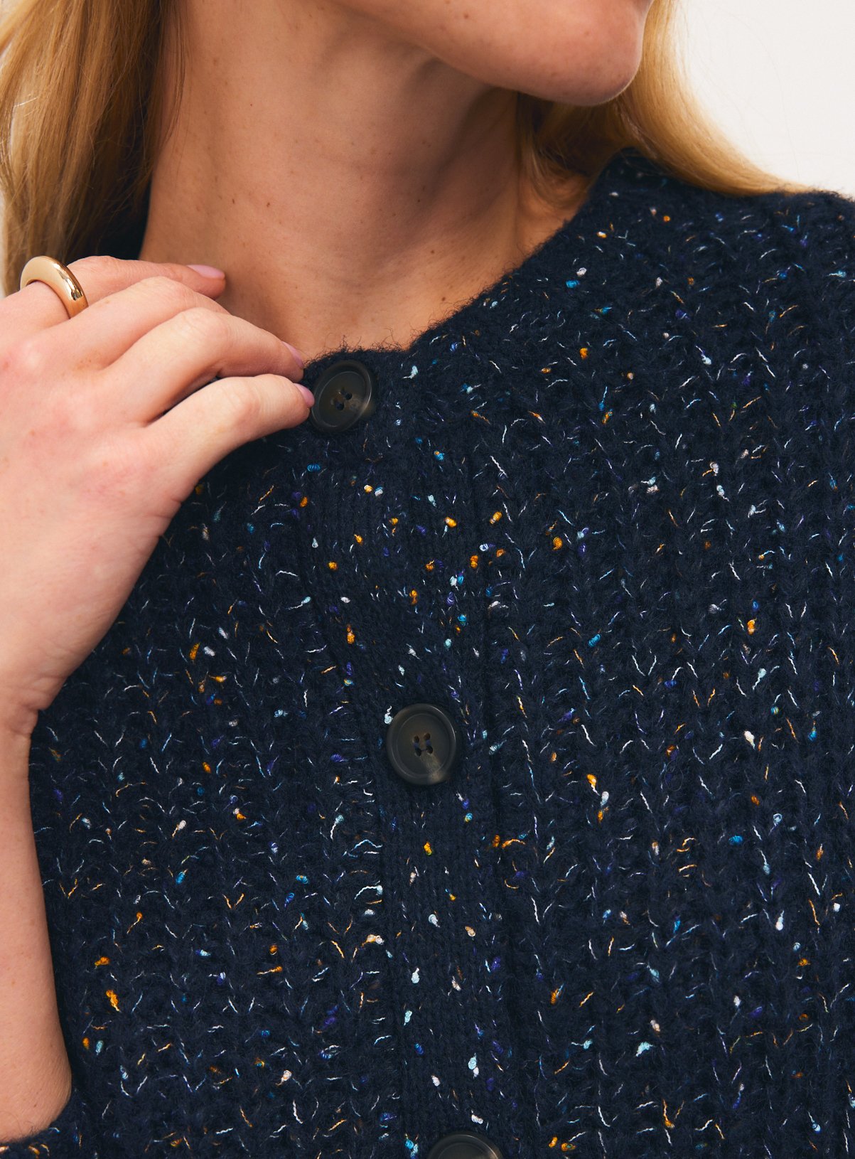 Navy Freckle Yarn Button-Through Boxy Cardigan M - Image 3 thumbnail