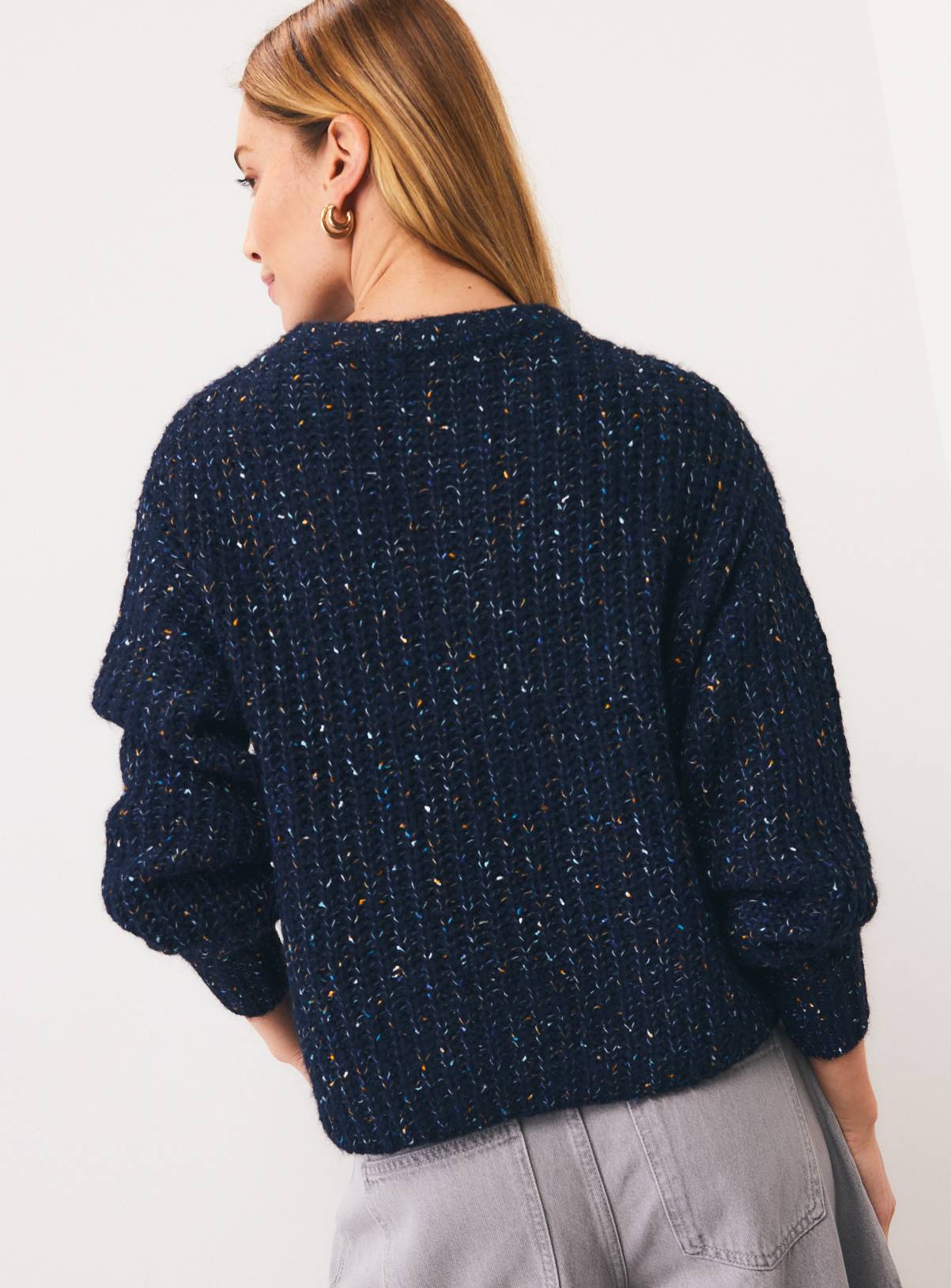 Navy Freckle Yarn Button-Through Boxy Cardigan M - Image 4