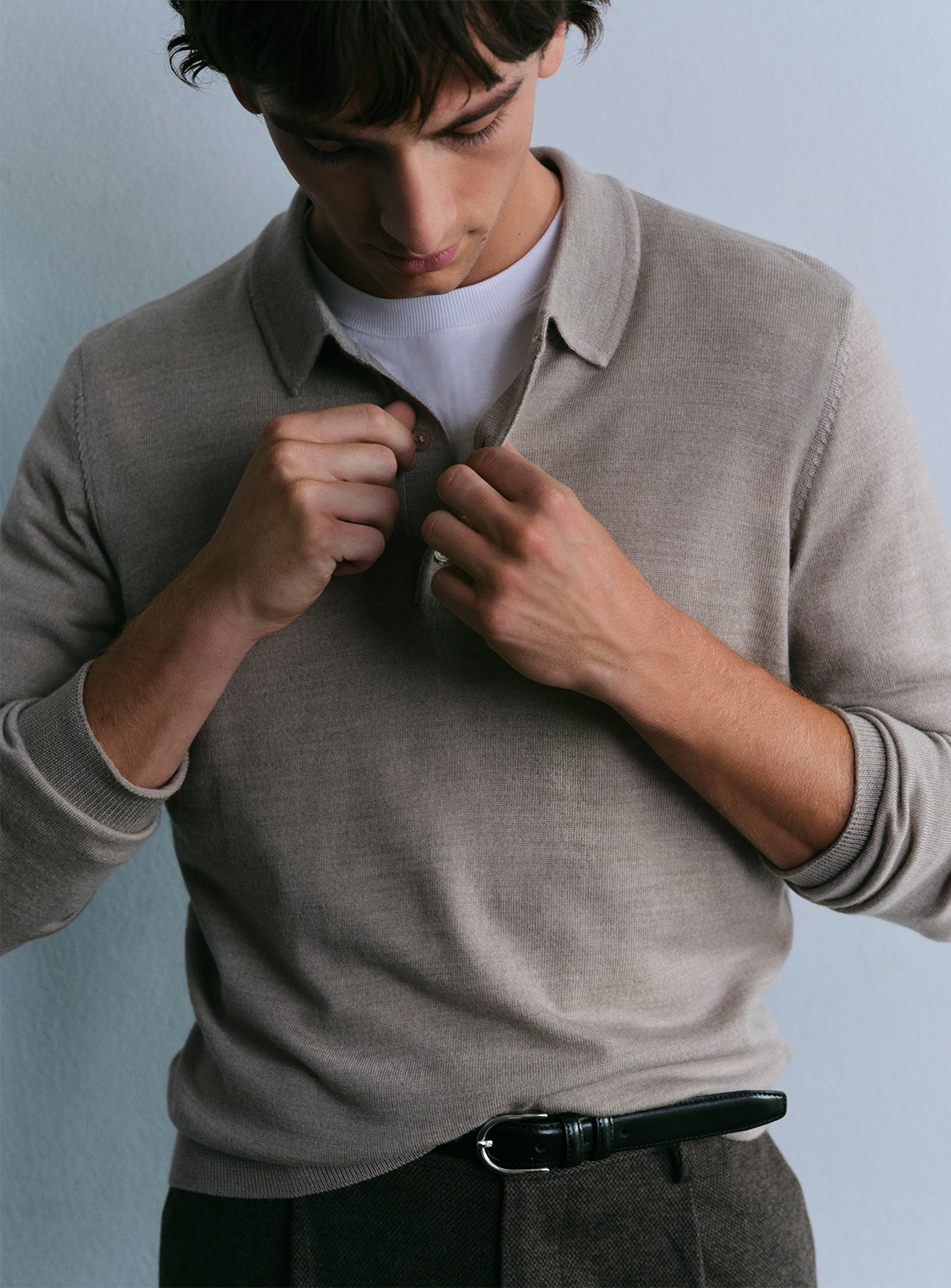 Stone Merino Wool Long Sleeve Polo Shirt XL - Image 1 thumbnail