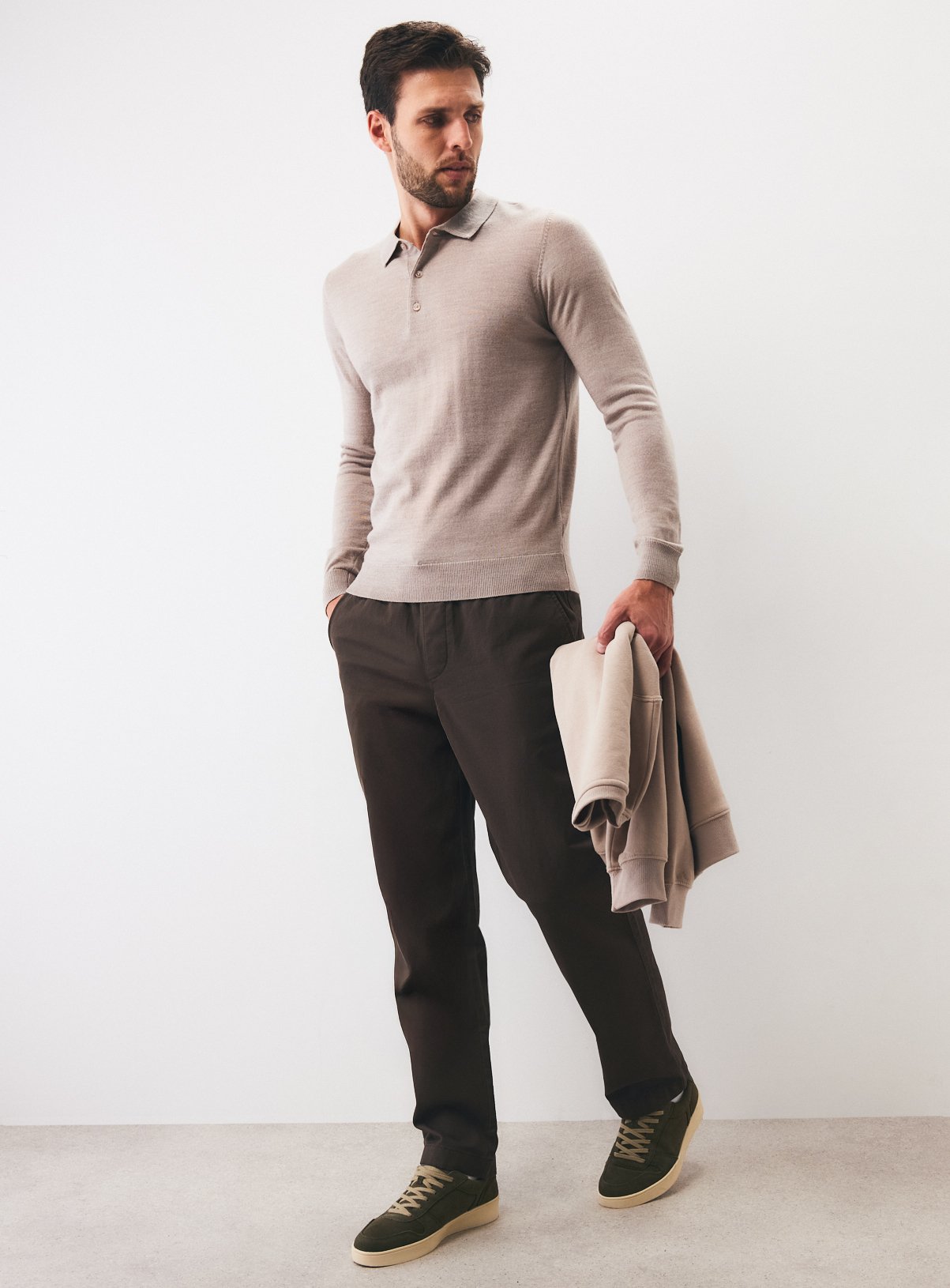 Stone Merino Wool Long Sleeve Polo Shirt XXXL - Image 5 thumbnail