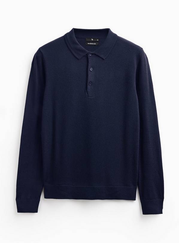 Navy Merino Wool Long Sleeve Polo Shirt XXL