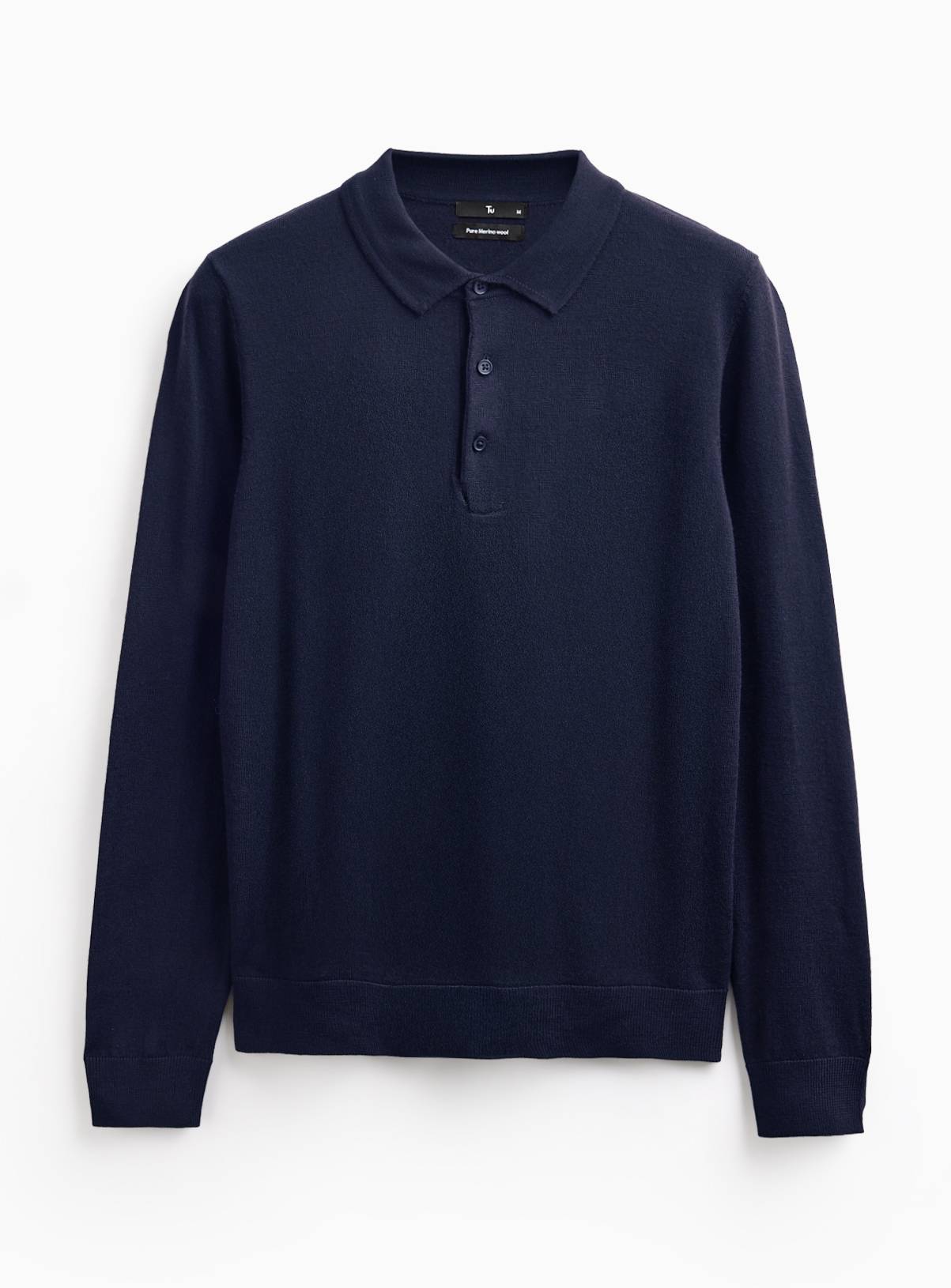 Navy Merino Wool Long Sleeve Polo Shirt XXL - Image 1
