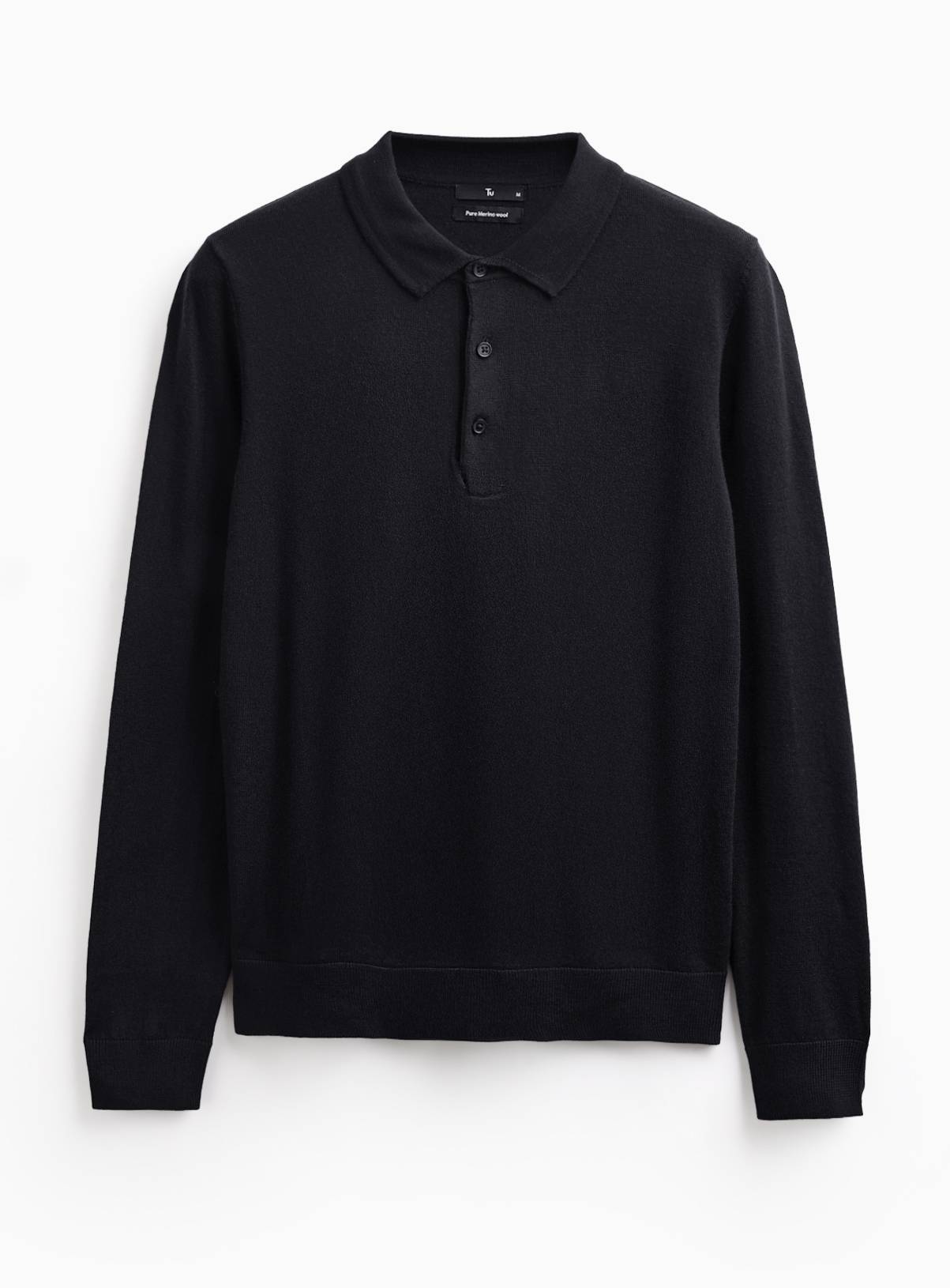 Black Merino Wool Long Sleeve Polo Shirt XL - Image 1