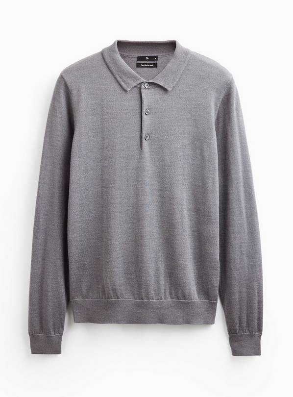 Grey Merino Wool Long Sleeve Polo Shirt XXL
