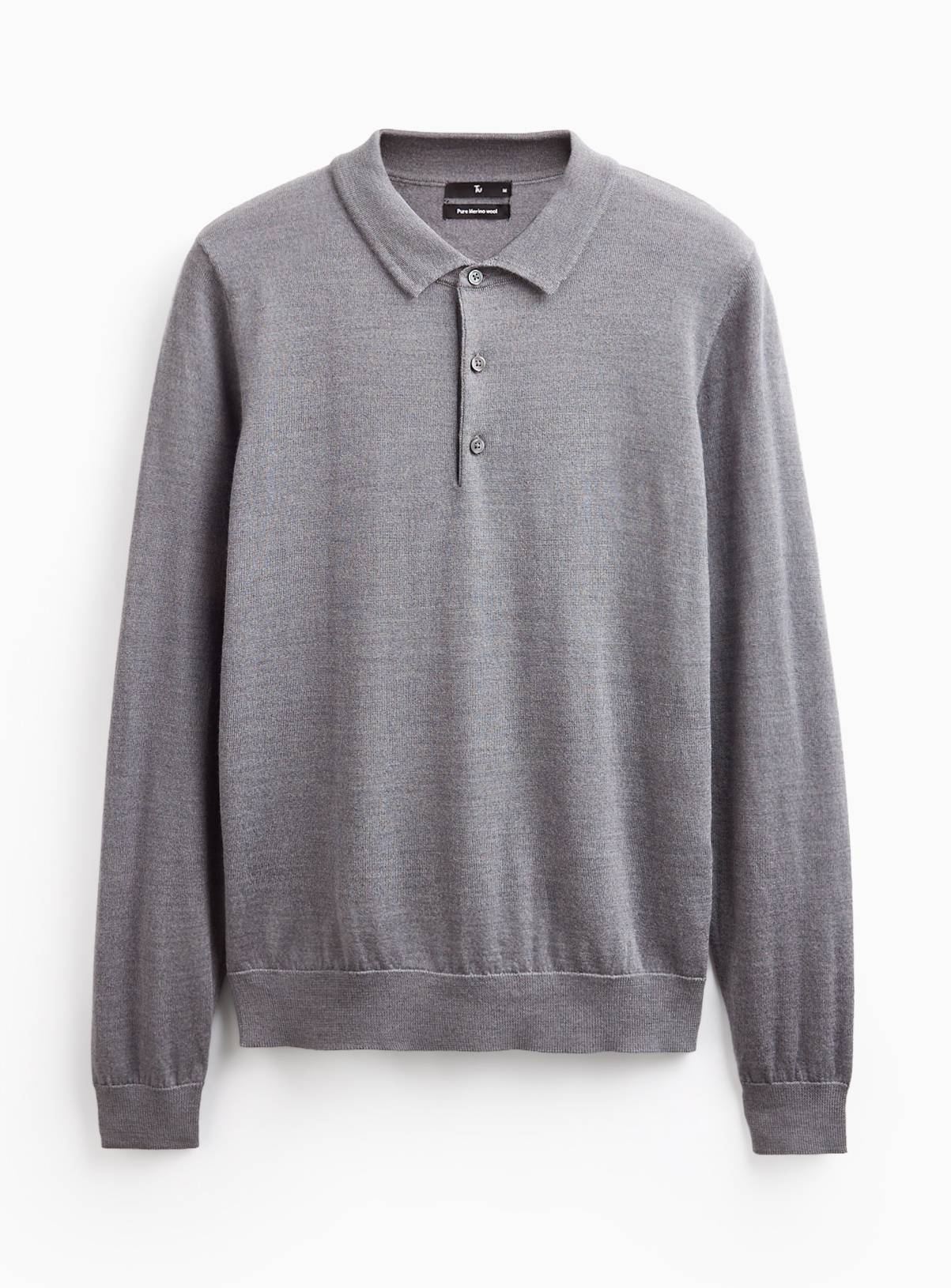 Grey Merino Wool Long Sleeve Polo Shirt XL - Image 3