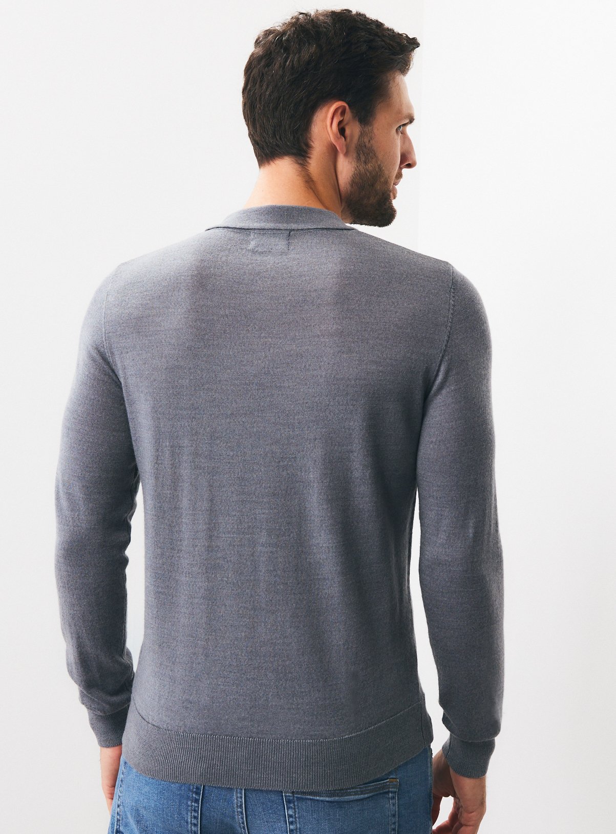 Grey Merino Wool Long Sleeve Polo Shirt XL - Image 5 thumbnail