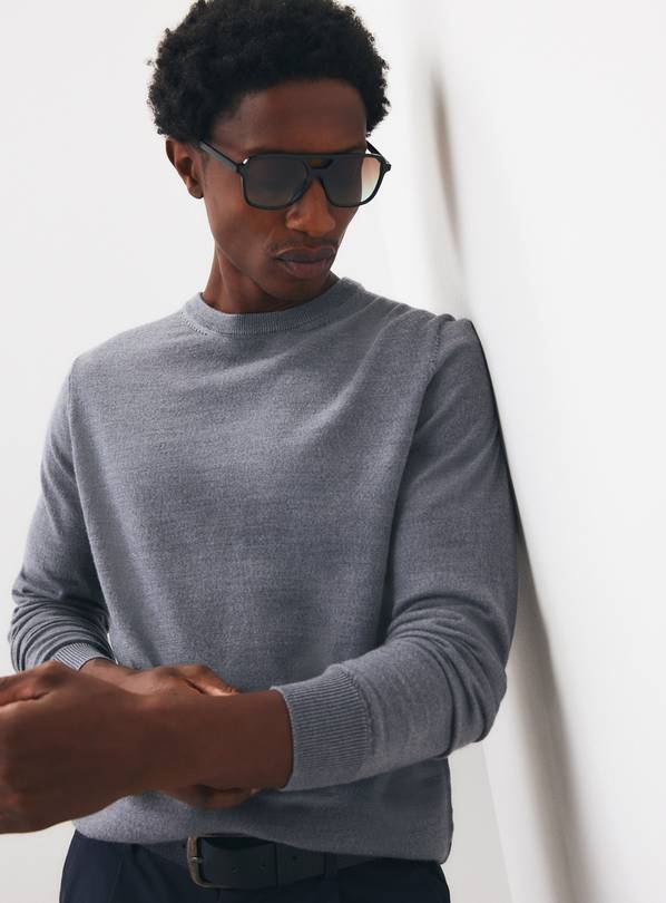 Grey Merino Wool Crew Neck Jumper M