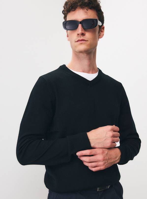 Black Merino Wool V-Neck Jumper XXL