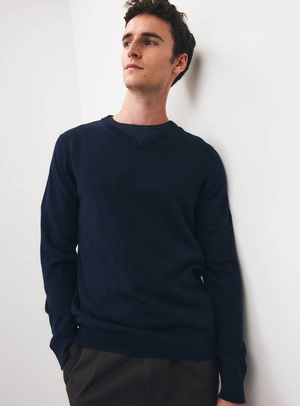 Navy Merino Wool V-Neck Jumper S