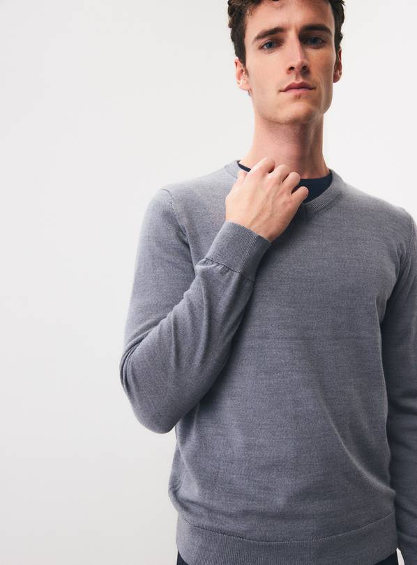Grey Merino Wool V-Neck Jumper L