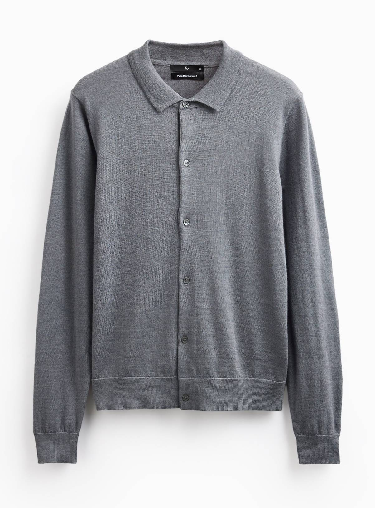 Grey Merino Wool Polo Collar Cardigan XXL - Image 1