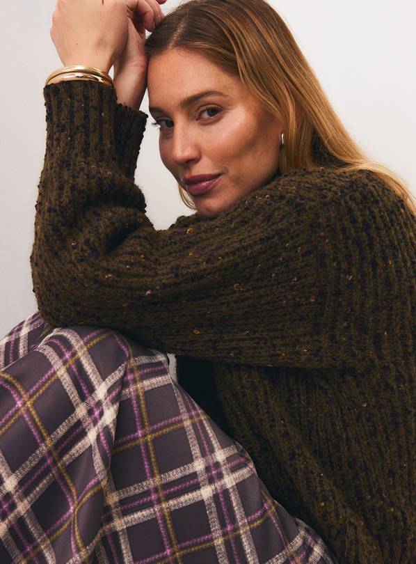 Khaki Fancy Yarn Popcorn V-Neck Jumper S
