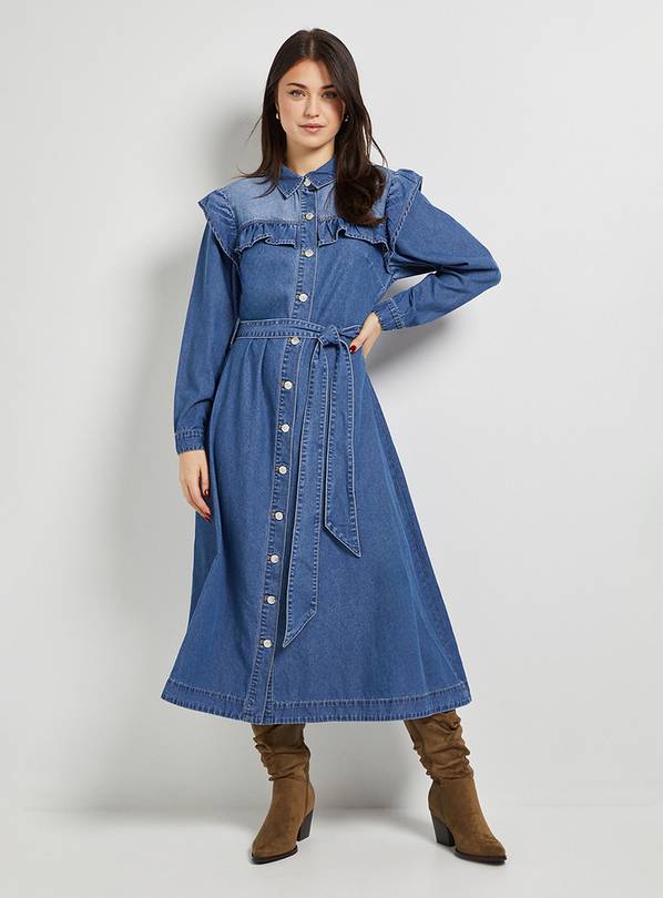 DOROTHY PERKINS Frill Yoke Denim Dress 14