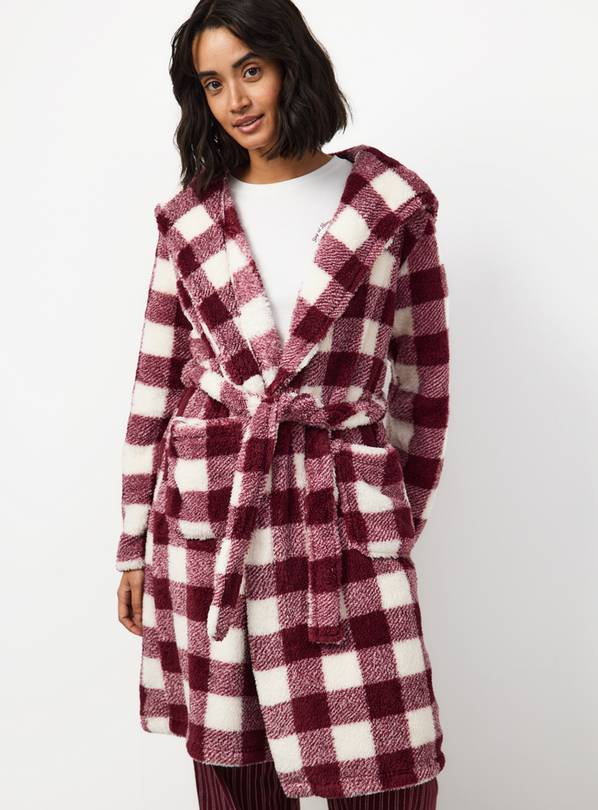 Plum Check Borg Hooded Dressing Gown XL
