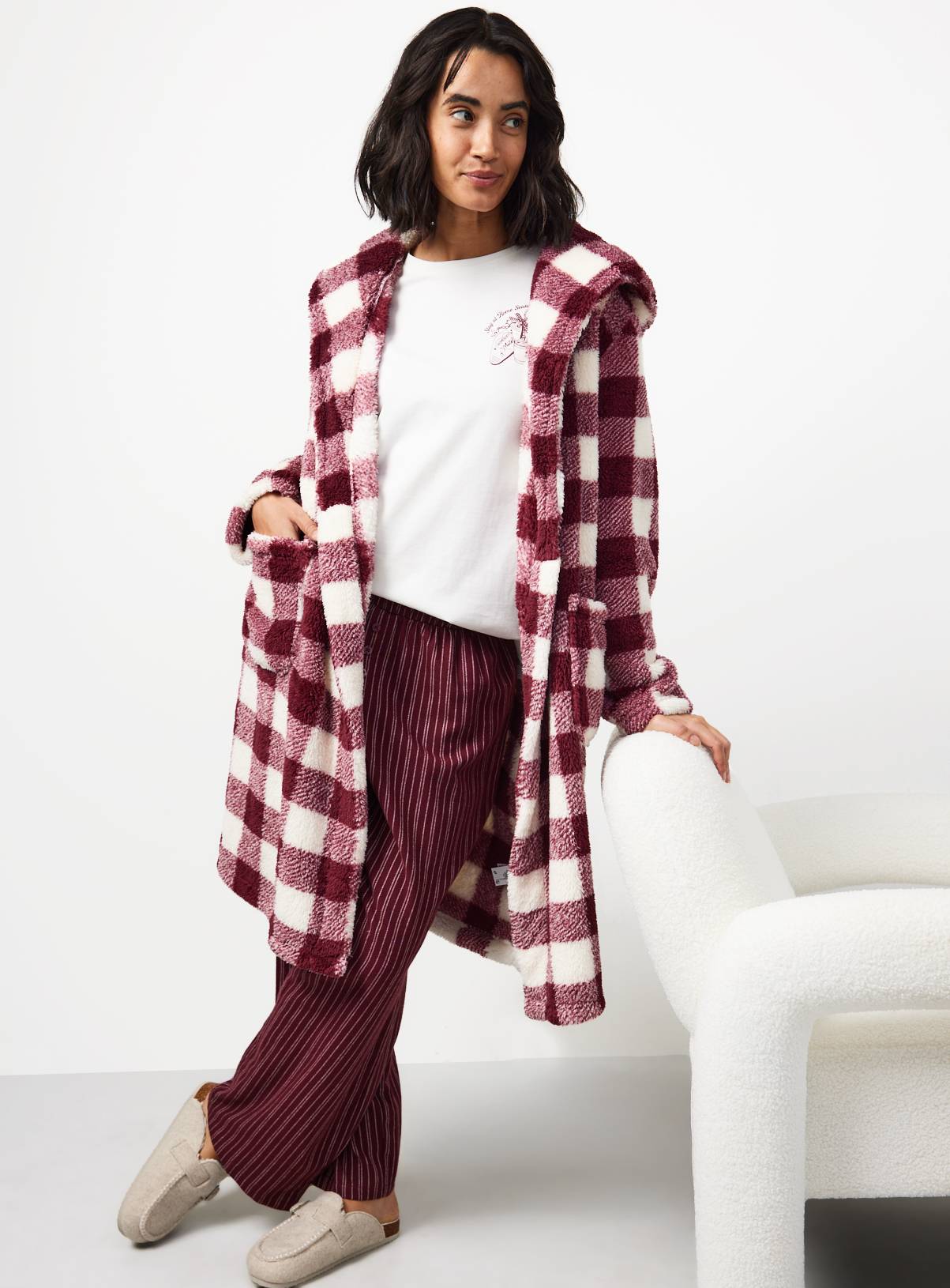 Plum Check Borg Hooded Dressing Gown XL - Image 2