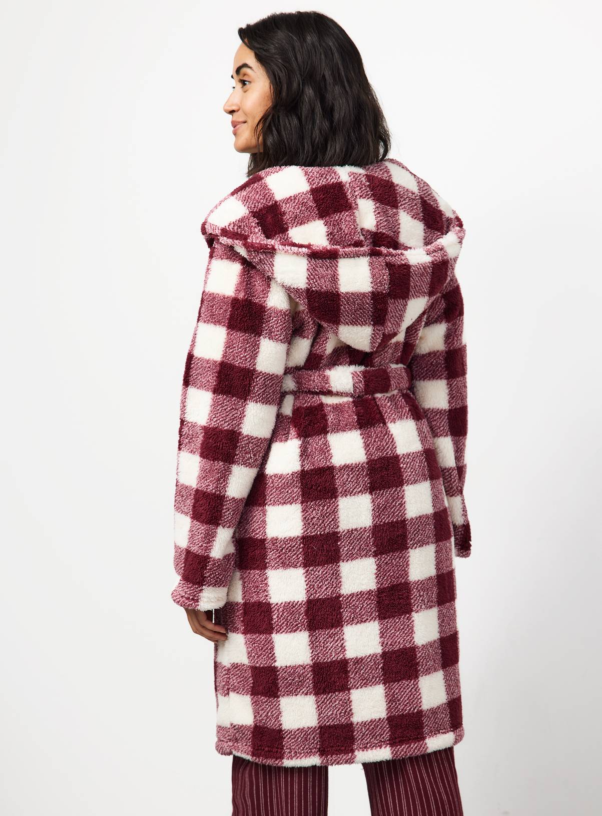Plum Check Borg Hooded Dressing Gown XL - Image 4